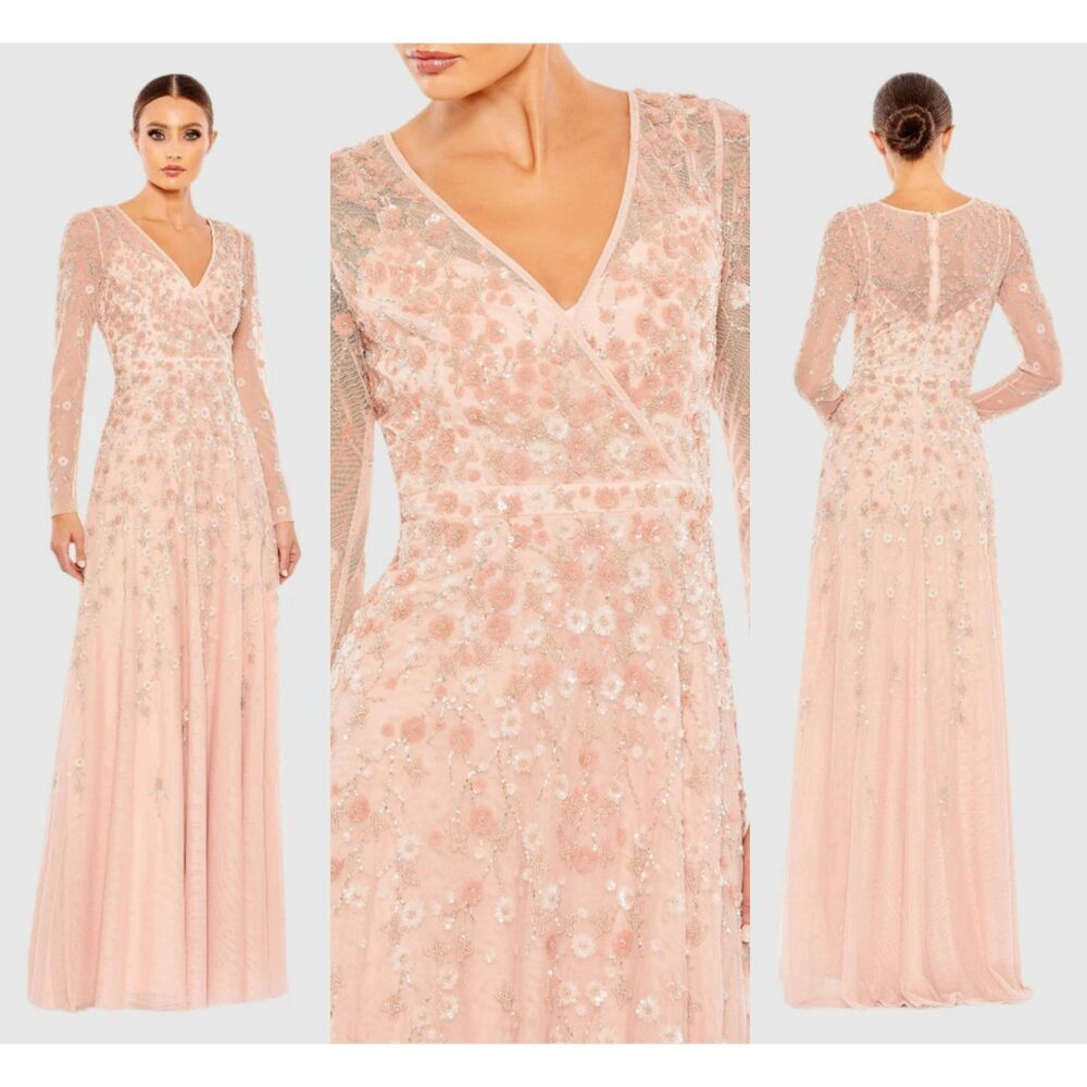Mac Duggal Embellished Long Sleeve Evening Dress Gown Blush Pink Bridal Floral
